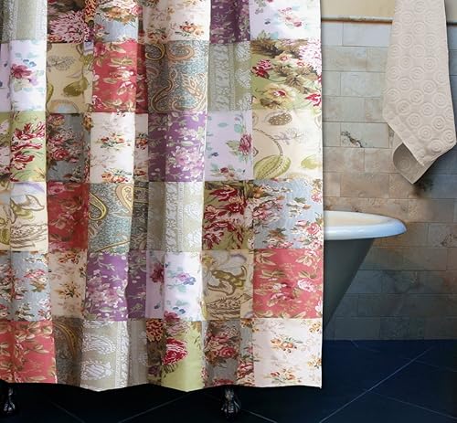 Country Cottage Floral Print Patchwork Pattern Yellow Blue Green Fabric Shower Curtain