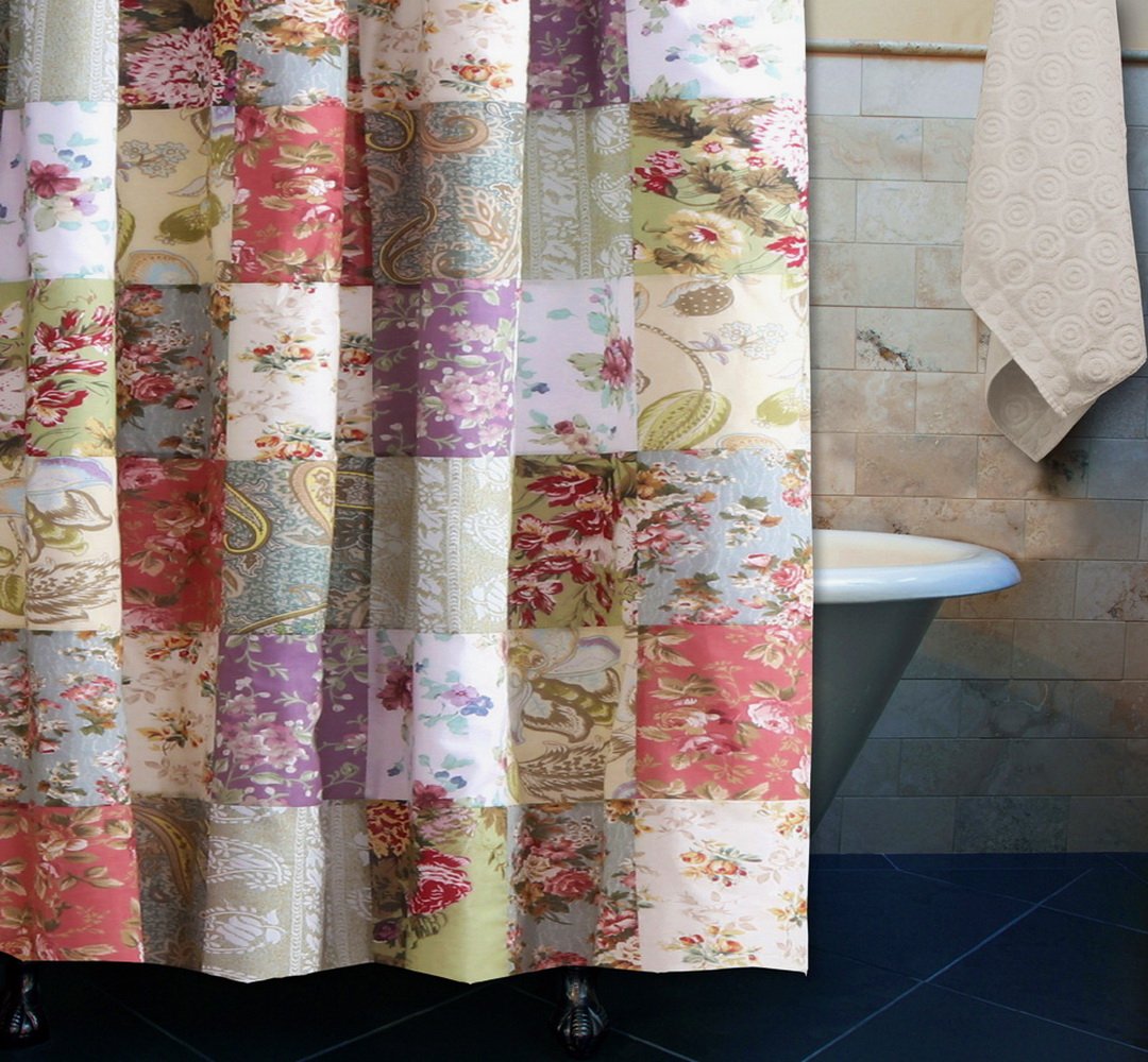 Country Cottage Floral Print Patchwork Pattern Yellow Blue Green Fabric Shower Curtain