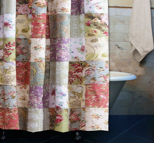 Country Cottage Floral Print Patchwork Pattern Yellow Blue Green Fabric Shower Curtain