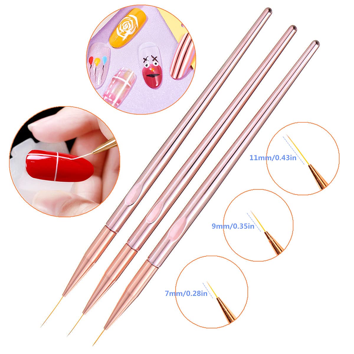 FULINJOY 3 Pcs Rose Gold Nail Art Liner Brushes Set, UV Gel Acrylic Application Nail Pens Nail Art Designs Tools(7mm/9mm/11mm)