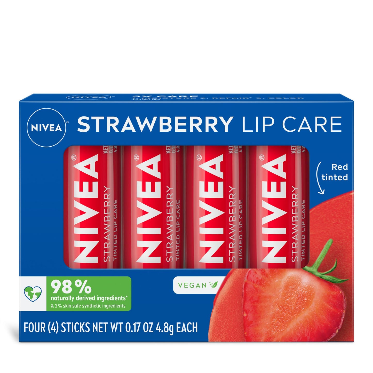 NIVEA Strawberry Lip Care, Red Tinted Lip Balm Pack with Shea Butter, Nourishing Oils and Vitamin C & E, 3-in-1 Moisture, Repair and Color, 0.17 Oz