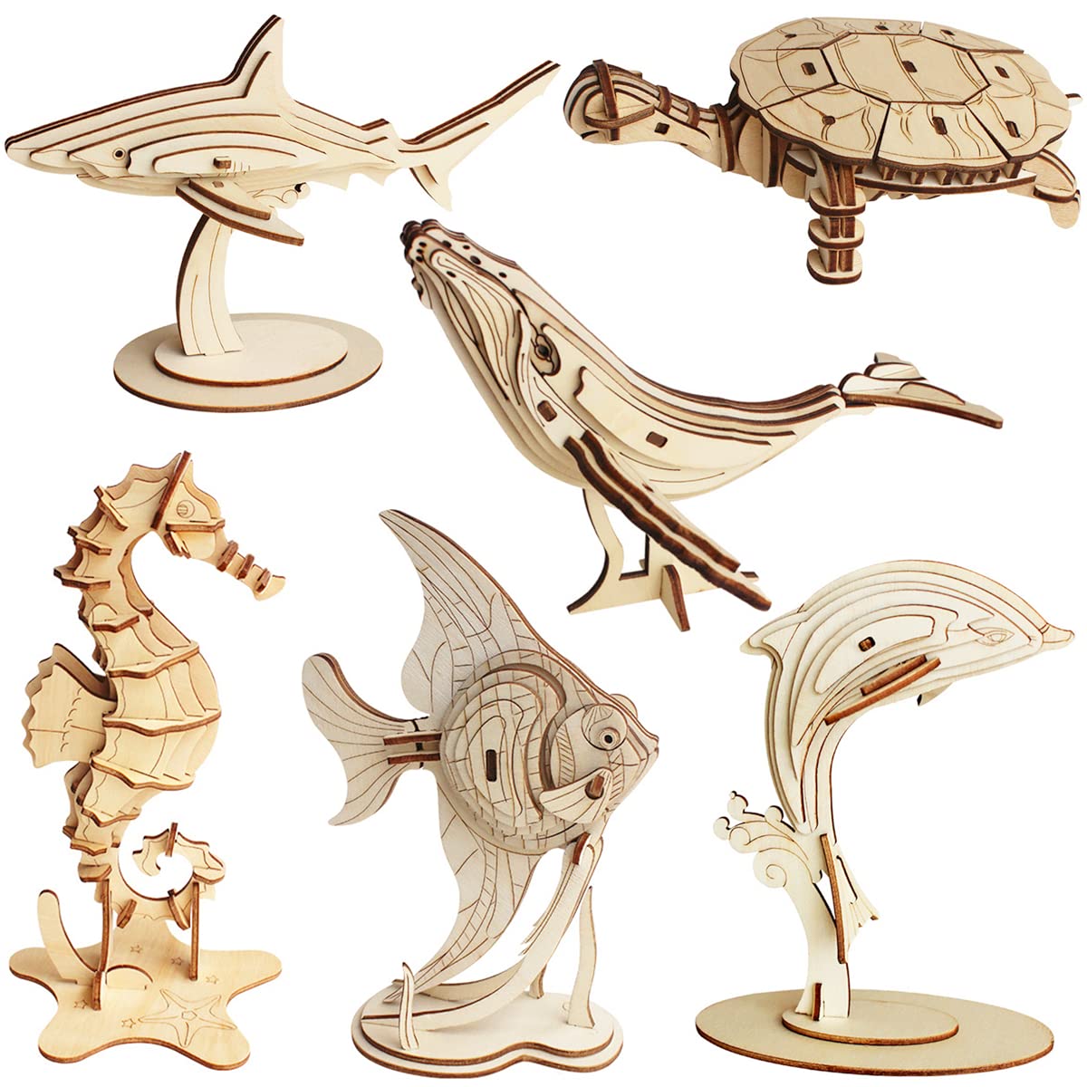 3D Wooden Sea Animal Puzzle – 6-Piece Skeleton Assembly Model Kit, DIY Brain Teaser, STEM Educational Toy & Gift for Kids, Teens & Adults