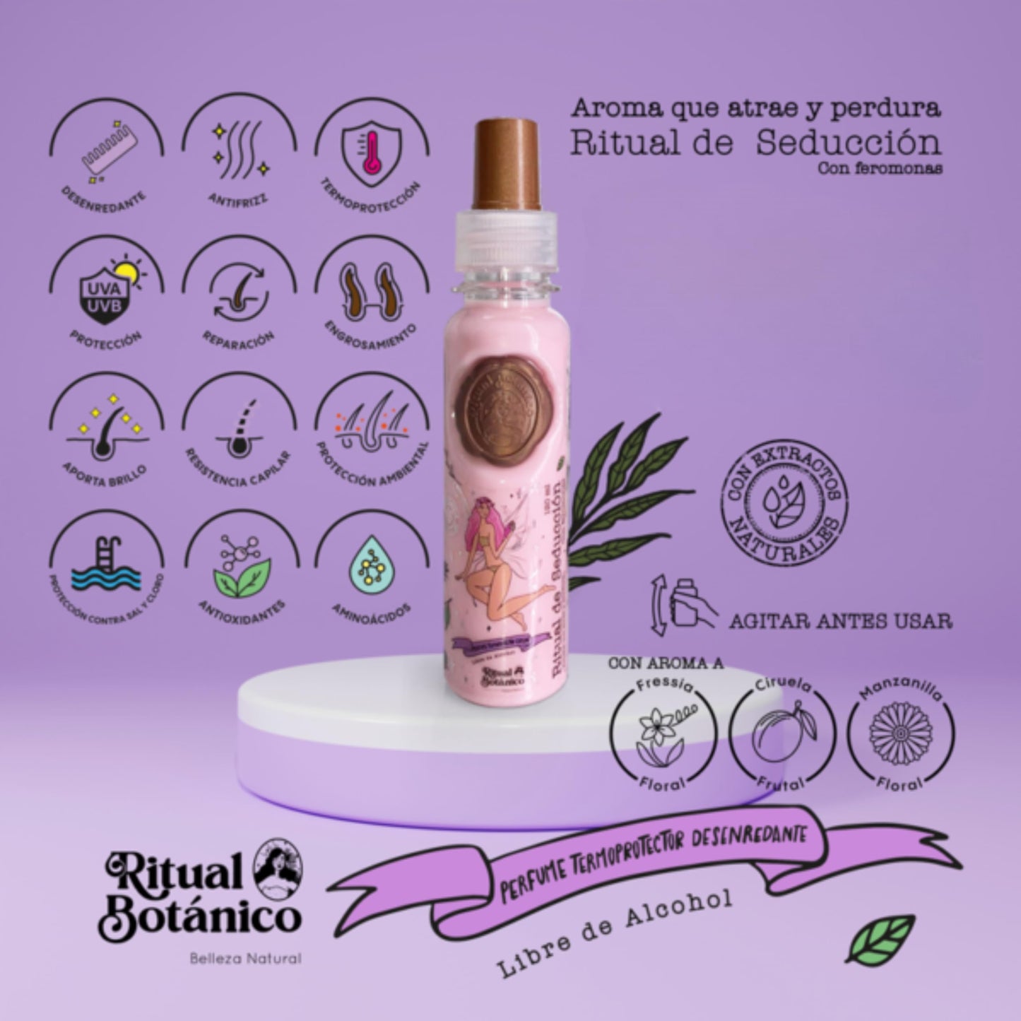 Ritual Botanico Perfume Termoprotector para Cabello, Sin Alcohol, Antifrizz, Desenredante, Proteccion solar, Con Feromonas, Aroma Seductor Frutal y