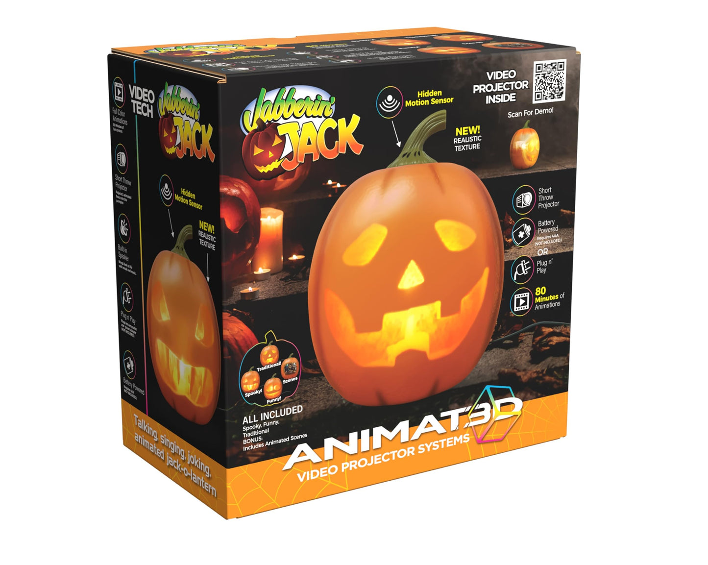 ANIMAT3D Jabberin' Jack Motion Sensor 12 Inch XL Talking Animated Orange Pumpkin with Built in Video Projector and Speaker Includes 80 Minutes of…