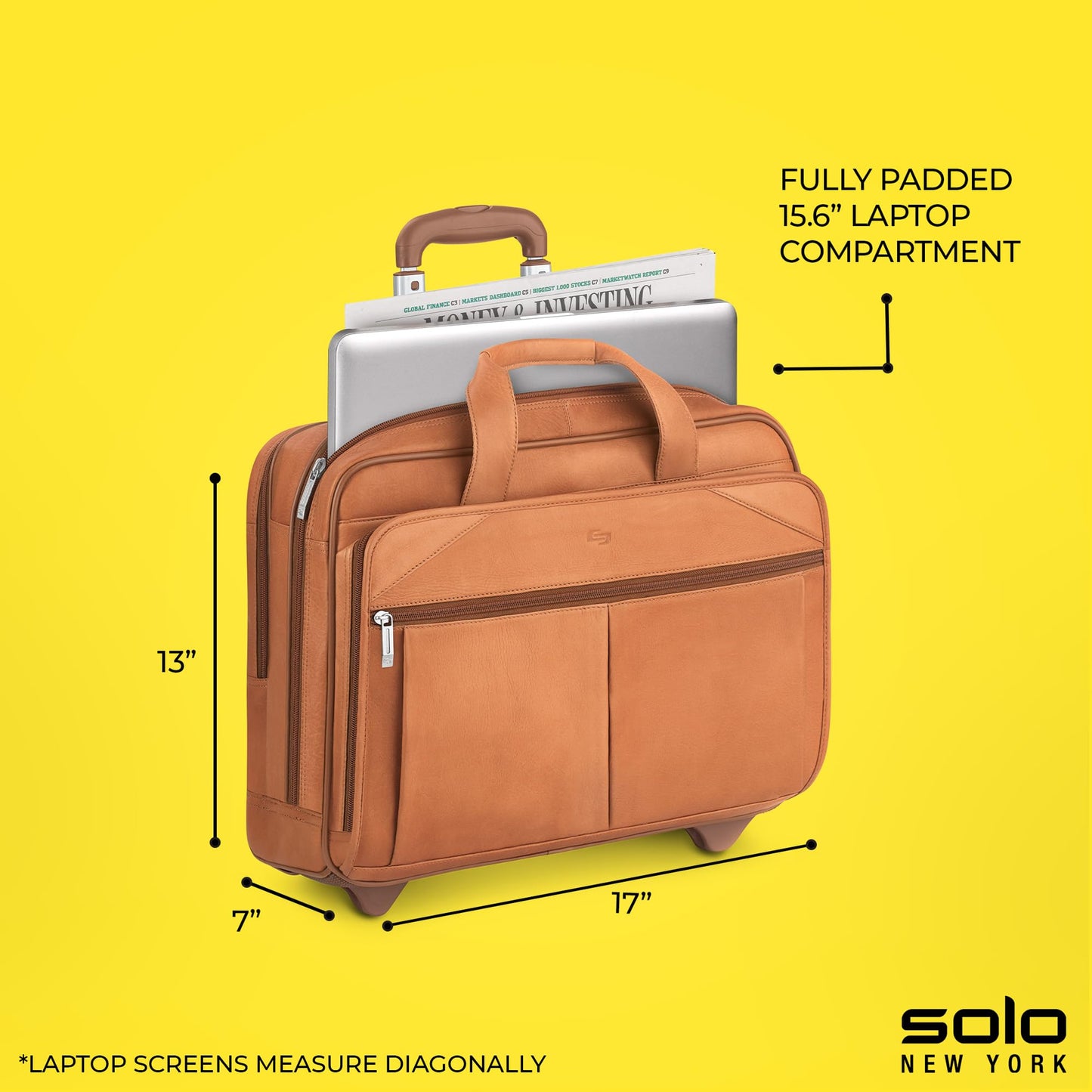 Solo New York Leather Rolling Case with Wheels - Roller Laptop Bag, Wheeled Briefcase for Women & Men, Carry On Size for Travel, Fits 15.6" Computer