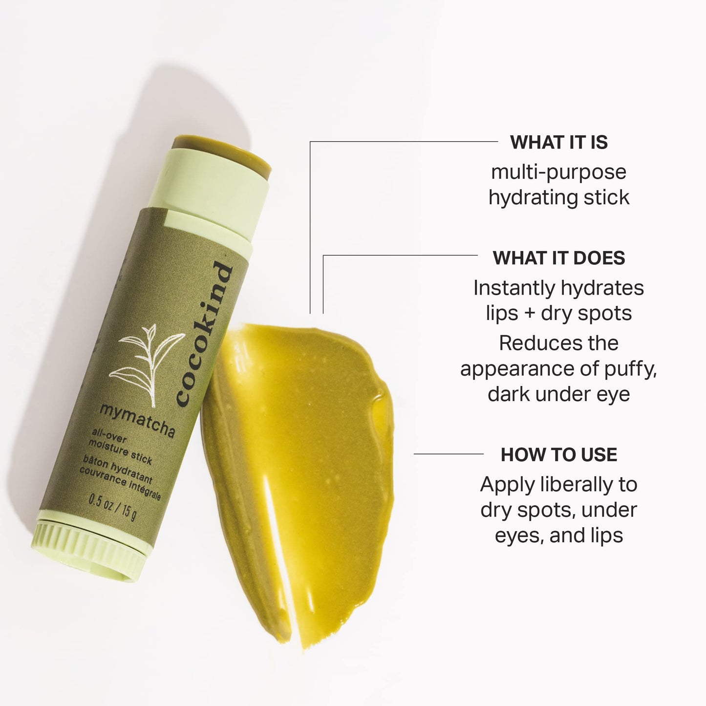 Cocokind Mymatcha All-Over Moisture Stick, Lip Balm and Eye Cream for Dry Skin 0.5 Oz