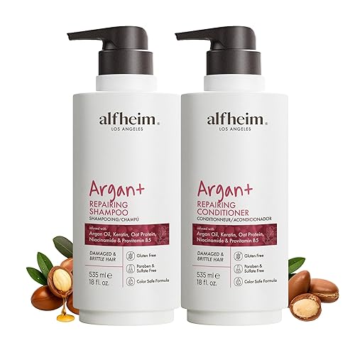 ALFHEIM Argan+ Repairing Shampoo & Conditioner Set for Dry, Damaged & Frizzy Hair with Argan Oil, Keratin, Oat Protein - Deep Repair, Moisture & Shine