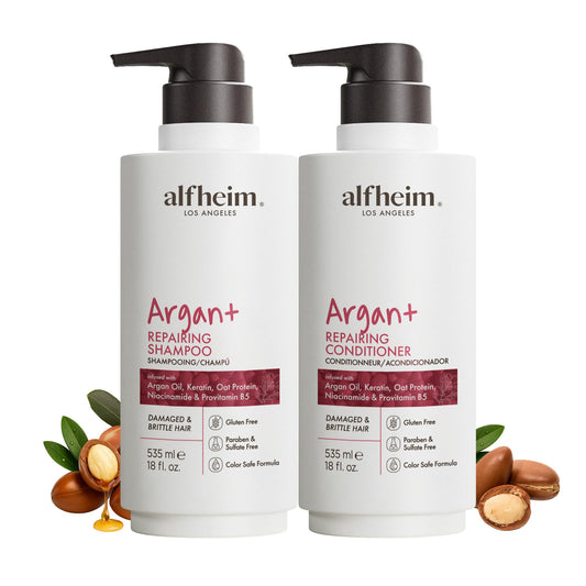 ALFHEIM Argan+ Repairing Shampoo & Conditioner Set for Dry, Damaged & Frizzy Hair with Argan Oil, Keratin, Oat Protein - Deep Repair, Moisture & Shine