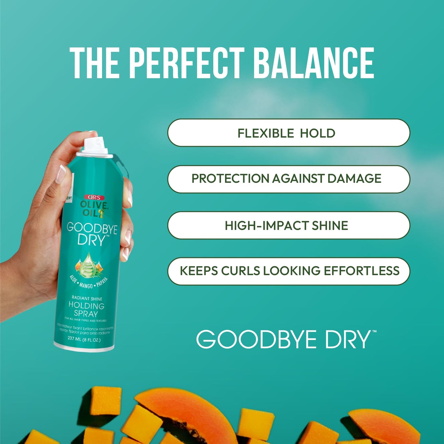 ORS Olive Oil Goodbye Dry Radiant Shine Holding Spray with Aloe, Mango & Papaya, Hydration & Nourishing for all Hair Types and Textures 8 Ounces