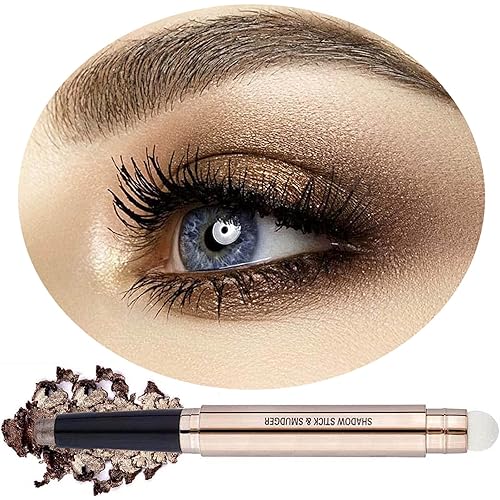Daeuwiutr 2 in 1 Cocoa Brown Eyeshadow Sticks and Sponge Makeup Brush Silky Cream Glitter Eyeshadow Pencil Crayon Long Lasting Waterproof Eye shadow