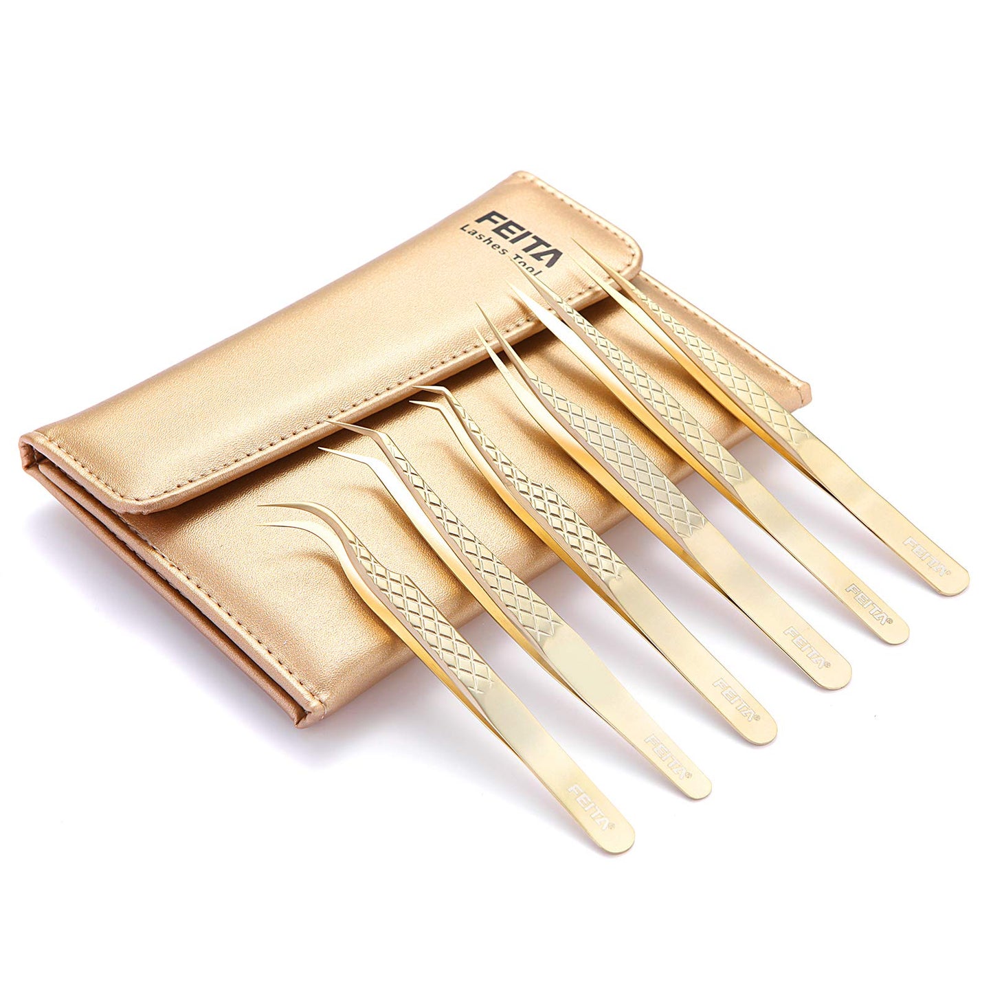 FEITA Eyelash Extension Tweezer Set Gold Lash Applicator Tool - Precision Lashes Diamond Grip Tweezers for 2D-6D Volume & Individual Eyelashes