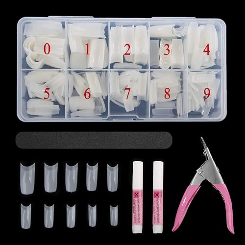 Abodhu Acrylic Natural Nail Tips Kit 500 Pcs French Tip Nails Set Square Half Cover False Nails with Glue, Files, Clipper, Storage Case, Nail Art