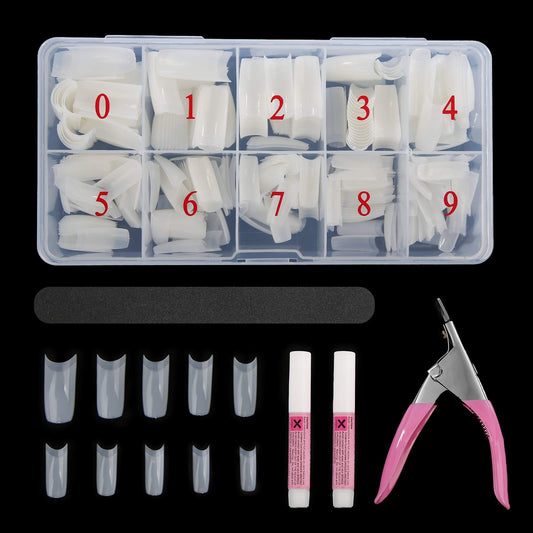 Abodhu Acrylic Natural Nail Tips Kit 500 Pcs French Tip Nails Set Square Half Cover False Nails with Glue, Files, Clipper, Storage Case, Nail Art