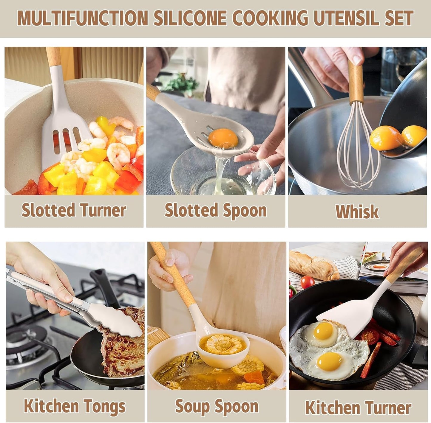 Umite Chef 33-Piece Kitchen Utensil Set – Non-Stick Silicone Spatulas with Wooden Handles & Holder, Khaki Kitchen Gadgets