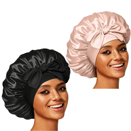 Silk Bonnet Satin Bonnet for Sleeping Large Bonnets with Tie Band Hair Wrap with Adjustable Straps Hair Cap for Women Curly (Black+Champagne) Beauty and Personal Care Confvrter Default Title