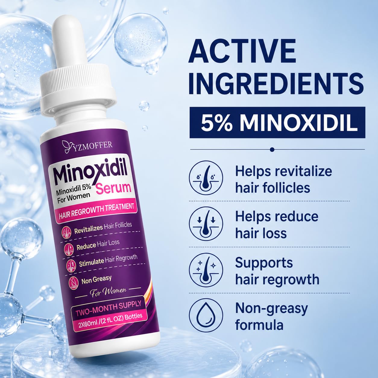 Minoxidil 5% Hair Regrowth Treatment for Women, Topical Serum Drops for Thinning Hair, Revitalizes Hair Follicles, Reduces Hair Loss, Non-Greasy Beauty and Personal Care Yzmoffer