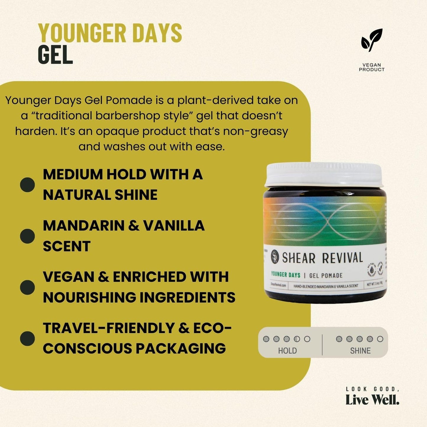 Shear Revival Younger Days Gel Pomade for Men & Women - Vegan, Medium Hold, Natural Finish for All Hair Types, Mandarin & Vanilla Scent, Travel