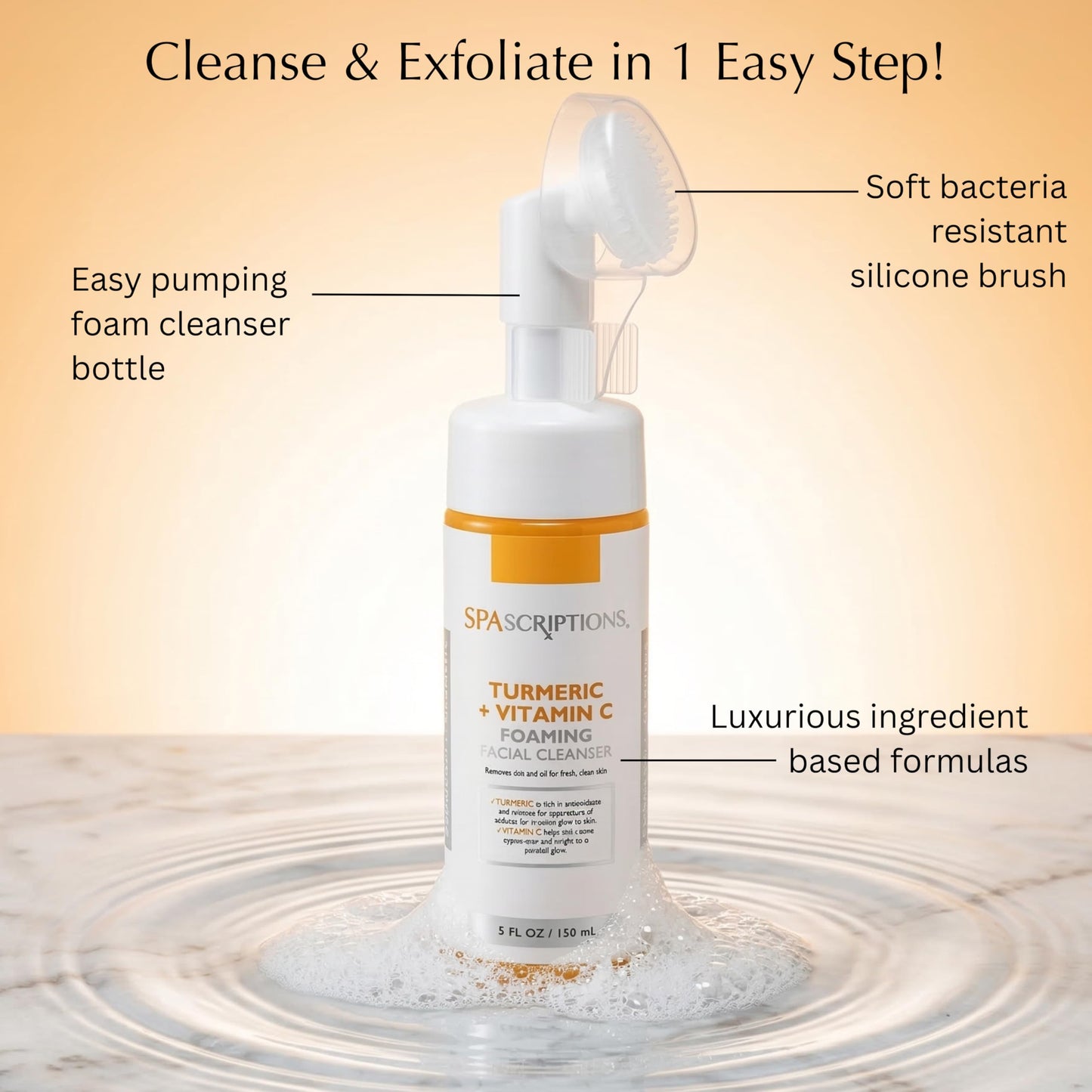 SpaScriptions 2 in 1 Cleanse & Exfoliate Foaming Facial Cleanser - Turmeric & Vitamin C Face Wash with Silicone Brush for Dull & Uneven Skin Tone