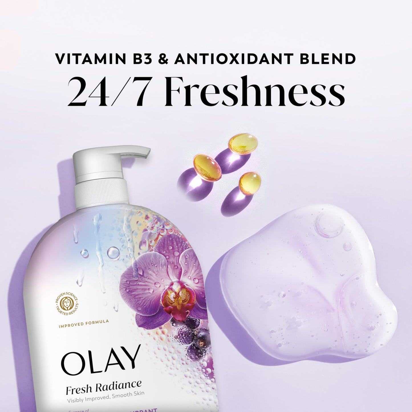 Olay Body Wash for Women, Fresh Radiance, 24/7 Skin-Loving Freshness, Visibly Radiant, Plant Based Cleansers, Vitamin B3 & Antioxidant Blend, For All
