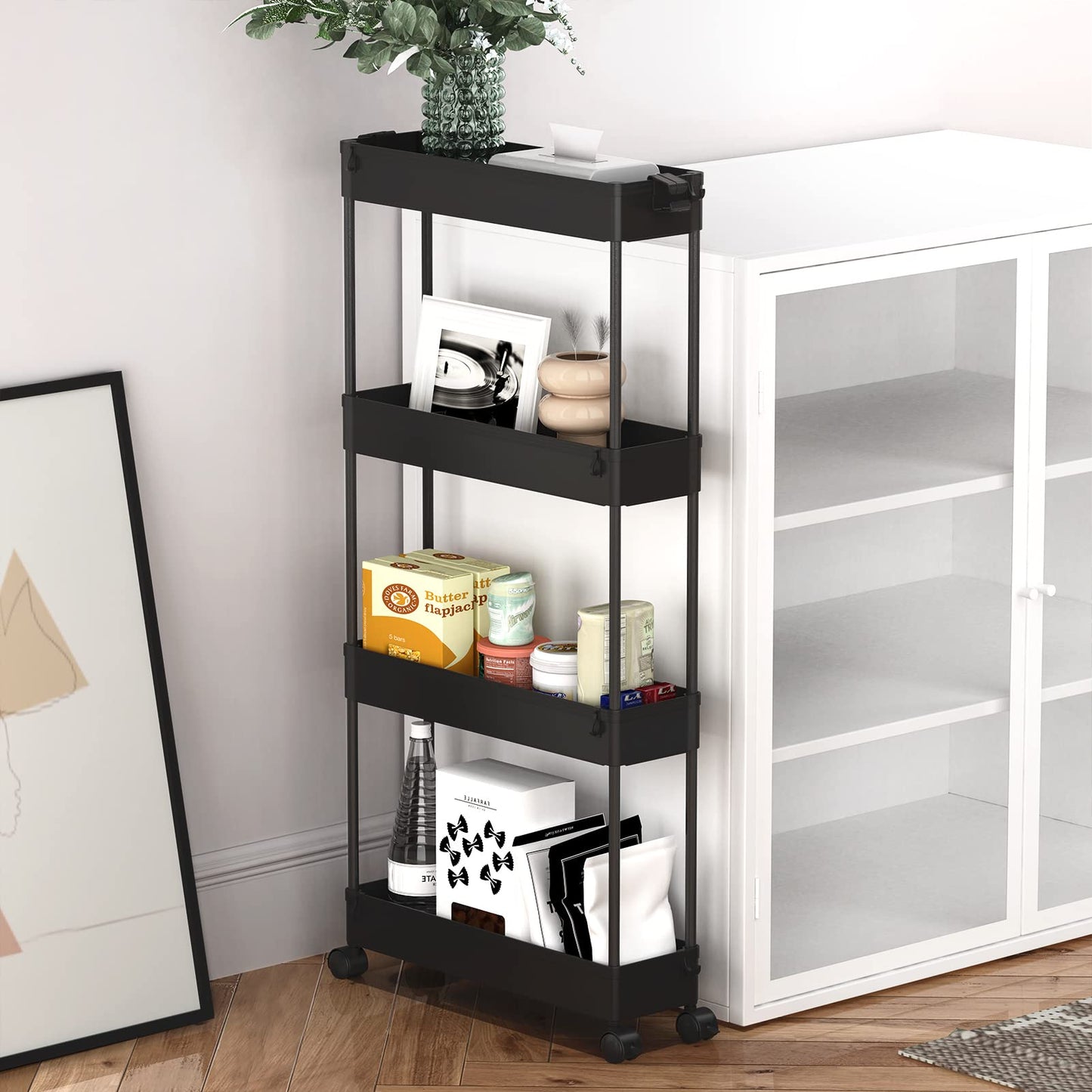 SPACELEAD Slim 4-Tier Storage Cart, Rolling Bathroom Organizer & Mobile Shelving Unit for Kitchen, Laundry, Office & Narrow Spaces, Black