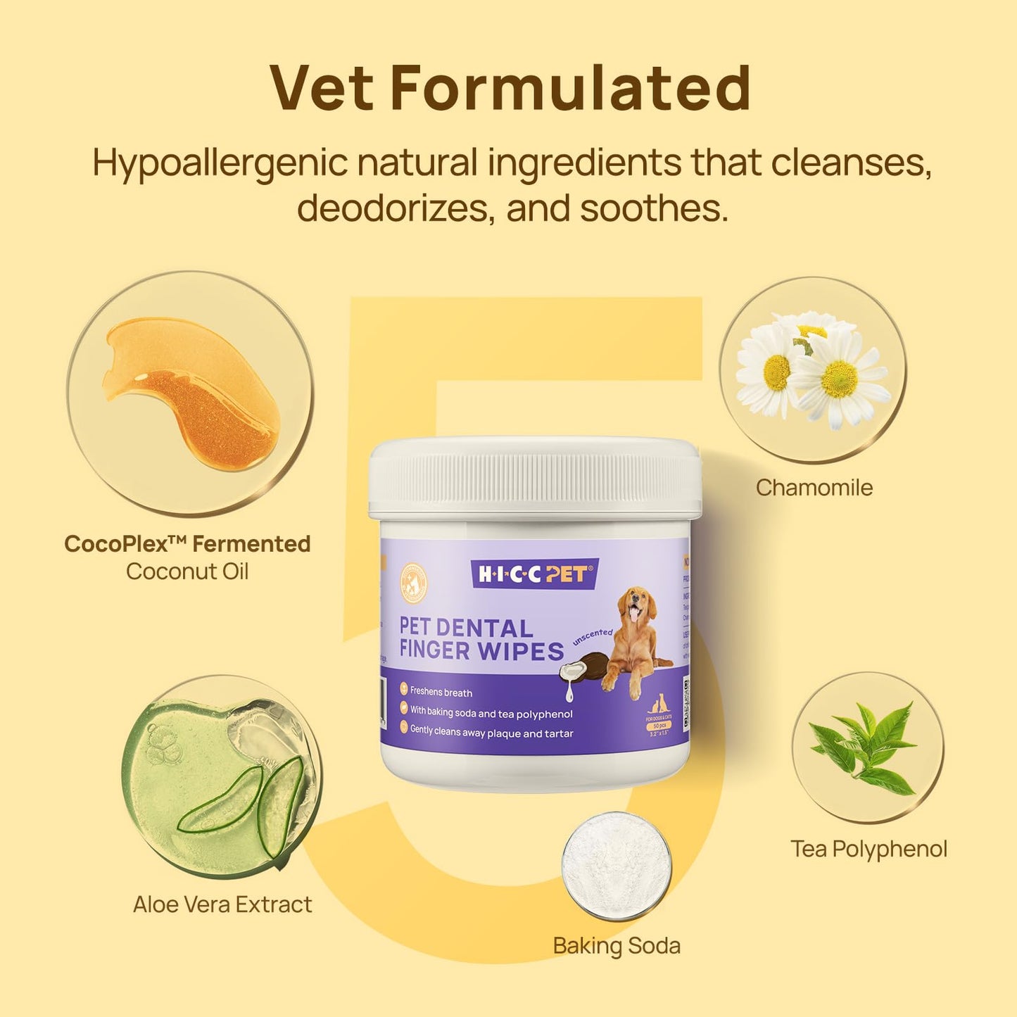 HICC PET Teeth Cleaning Wipes – 50ct No-Rinse Finger Wipes for Dogs & Cats, Remove Plaque, Tartar & Bad Breath, Gentle Gum Care