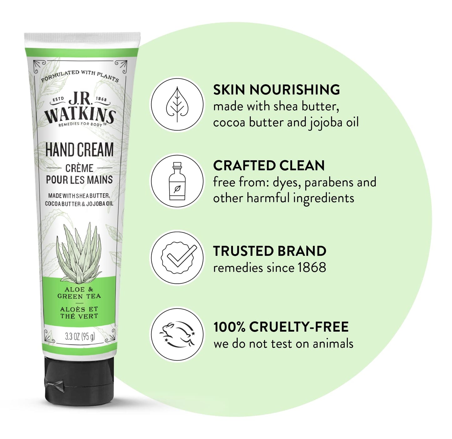 J.R. Watkins Natural Moisturizing Hand Cream, Hydrating Hand Moisturizer with Shea Butter, Cocoa Butter, and Avocado Oil, USA Made and Cruelty Free