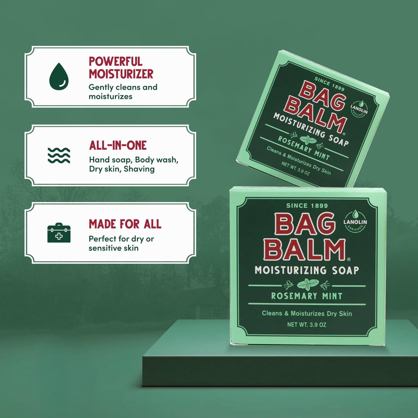 Bag Balm Moisturizing Bar Soap - Gentle Soap for Dry Skin with Lanolin - Hand & Body Cleansing Balm - Rosemary & Mint Scented Sensitive Skin Bar Soap