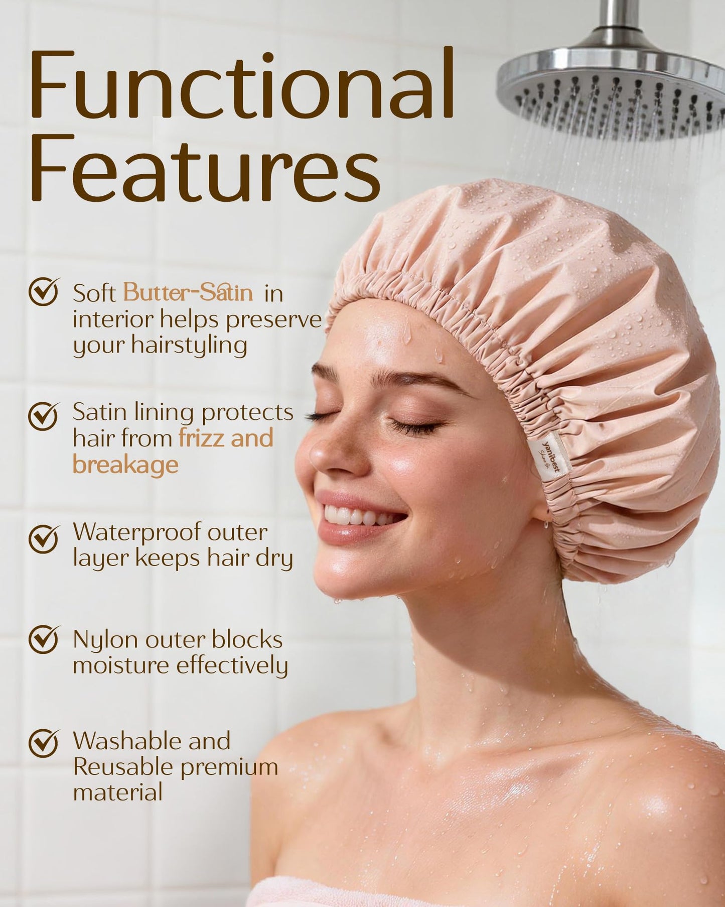 Yanibest Satin Lined Shower Cap for Women Reusable Waterproof, Frizz Free & Large Bath Cap with Soft Elastic Band, Luxury Hair Protection Caps (Peachy Beauty and Personal Care YANIBEST