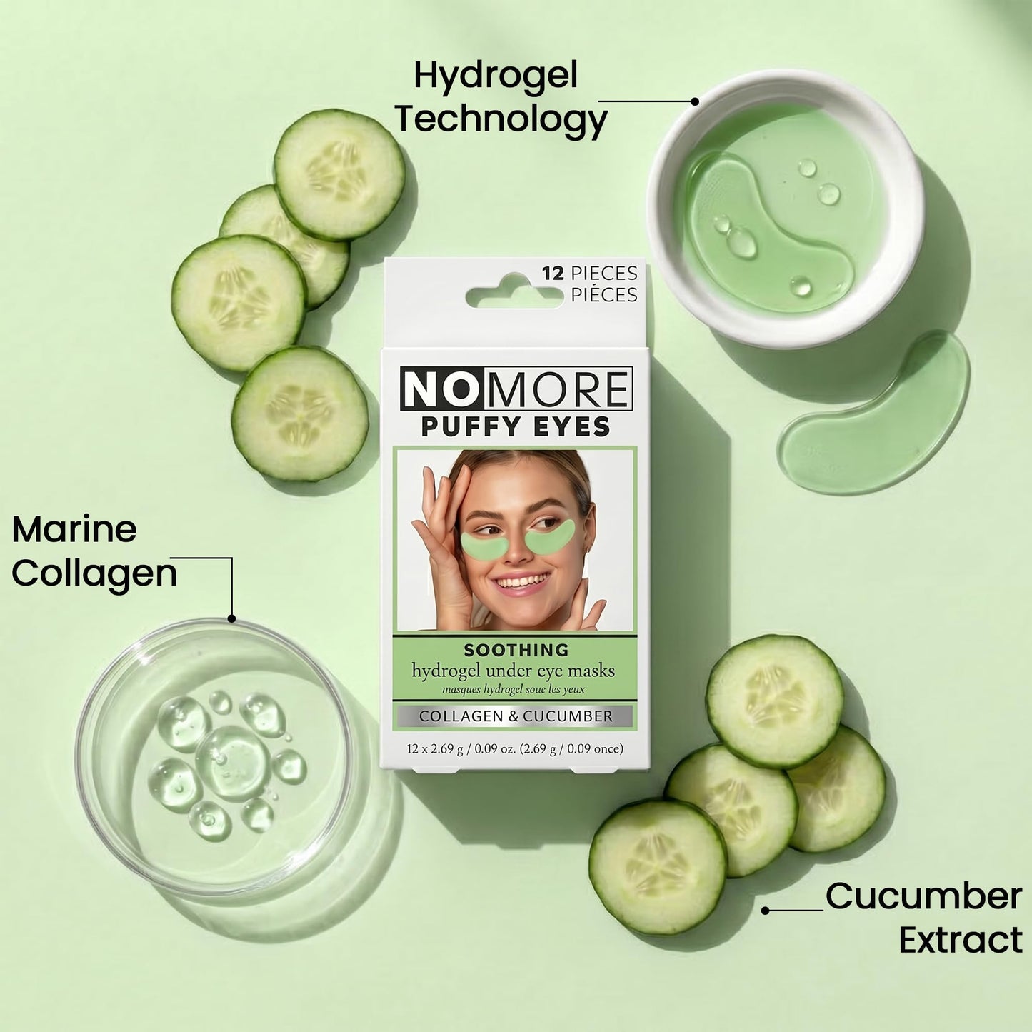 Danielle Creations Anti-Puffiness Puffy Under Eyes No More Hydrogel Undereye Masks for Dark Circles with Collagen & Cucumber, 6 Pairs