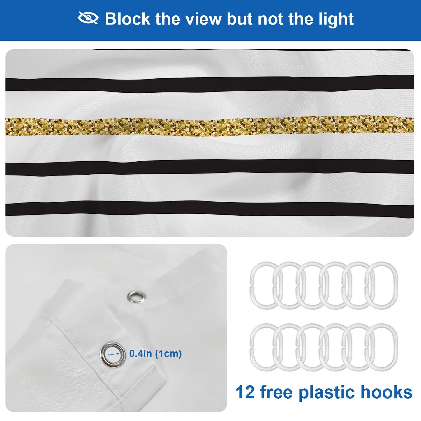 Shrahala Black White and Gold Decorative Shower Curtain, Black and White Geometric Abstract Ink Drawing Shower Curtain for Shower Stall Bathroom…