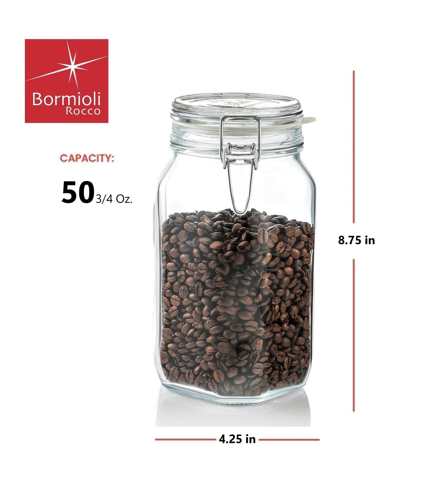 Bormioli Rocco Fido Glass Jars - 50.75 oz Large Airtight Container with Clamp Lids & Rubber Seals, BPA-Free Glass Canisters for Pantry Display…