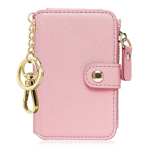 Keychain wallet with ID Window, Credit Card Holder with Zipper Card Wallet Women with Gift Box Packing(Light Pink)