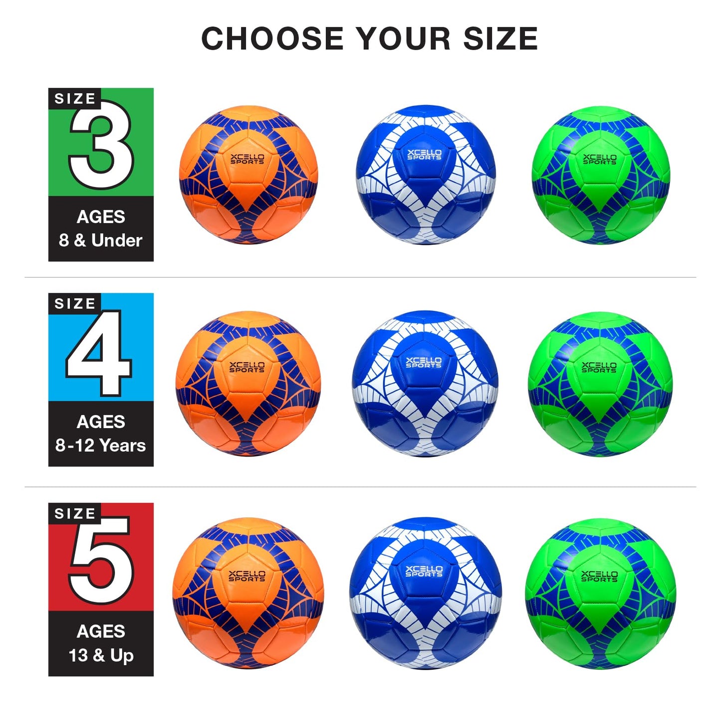 Xcello Sports Soccer Ball Size 4 Assorted Graphics (Orange, Green, Navy) with Pump (Pack of 6)