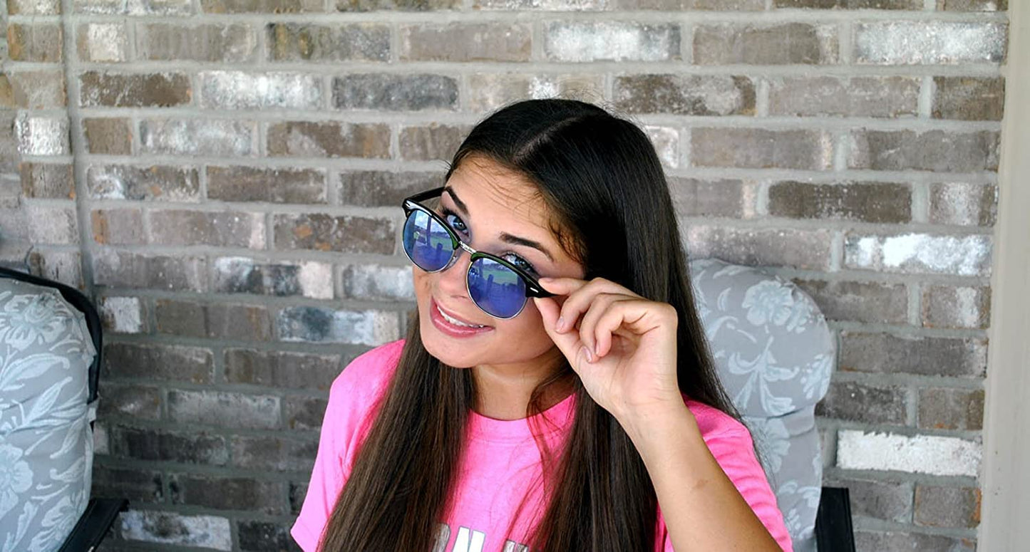 Vintage Retro Silver Metal Half Frame Blue Lens Sunglasses