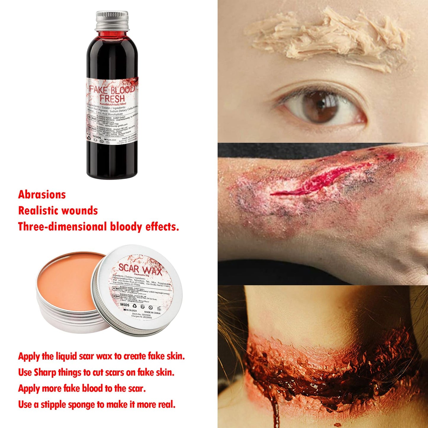 Professional Halloween SFX Special Effects Makeup Kits, Fake Blood, Scab Coagulated Blood Gel, 12 Colors Face Body Paint, Wound Modeling Scar Wax