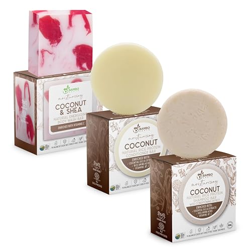 Solid Rice Protein Shampoo, Conditioner and Body Wash Bundle | Shampoo, Conditioner & Wash Bars For Hair and Body w/All Natural Plant Based Essential