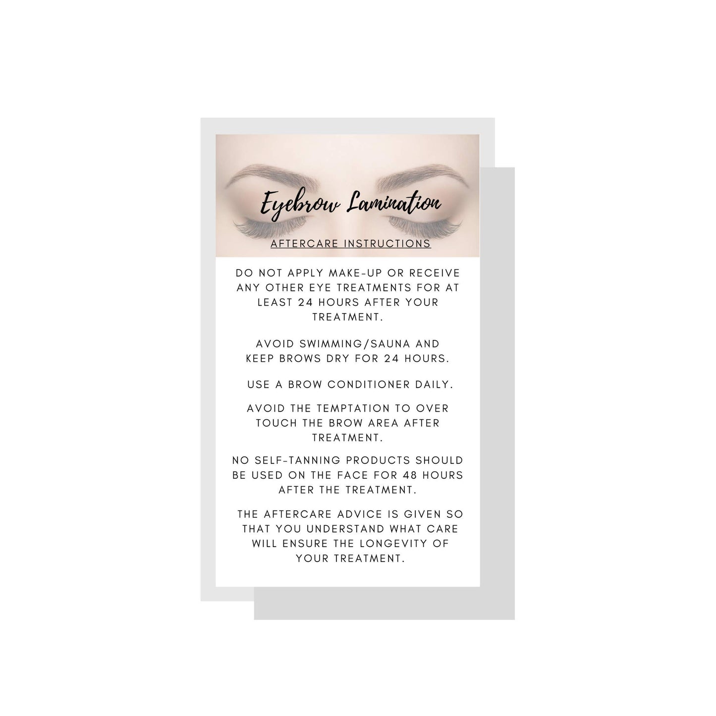 Eyebrow Lamination Aftercare Instruction Cards | Physical Printed 2 x 3.5” inches Business Card Size | White with Brow Photo Design | Starter Lift Kit