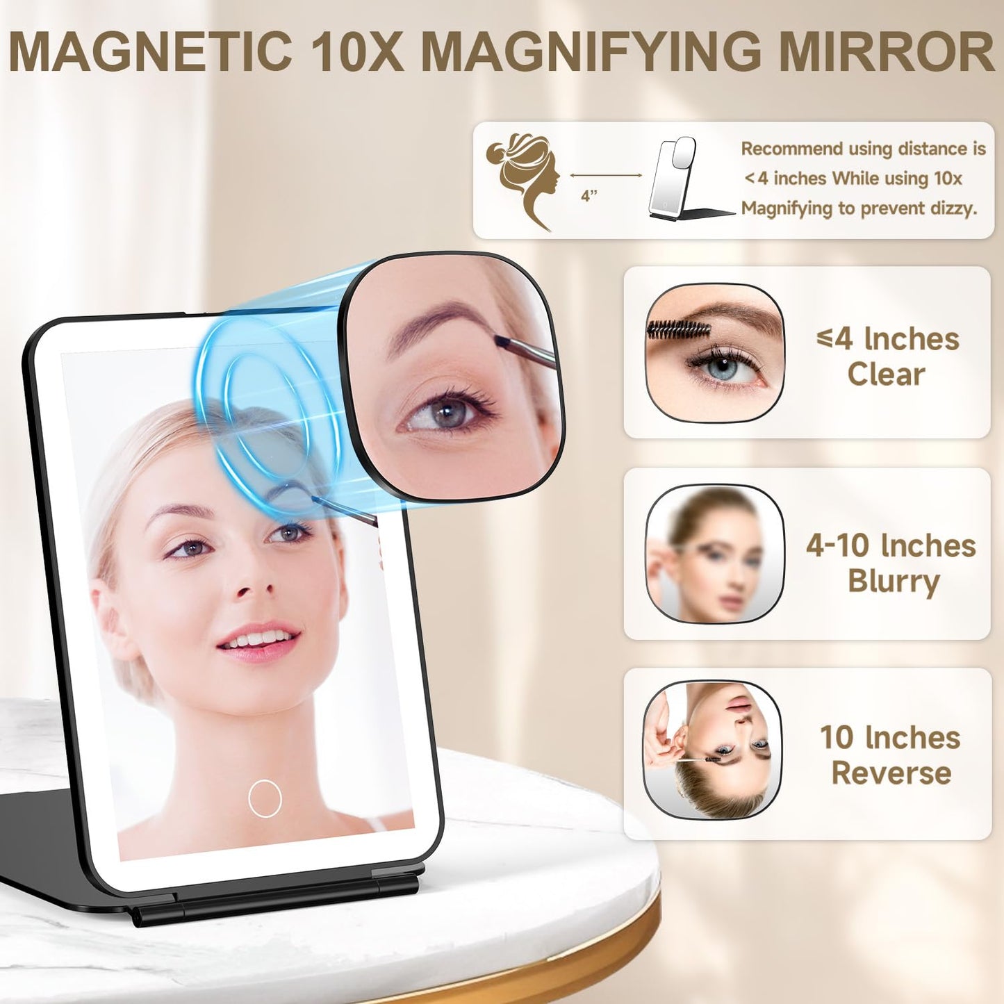 Mocado LED Foldable Travel Makeup Mirror - 5x7 inches 3 Colors Light Modes USB Rechargeable Touch Screen, Portable Tabletop Cosmetic Mirror