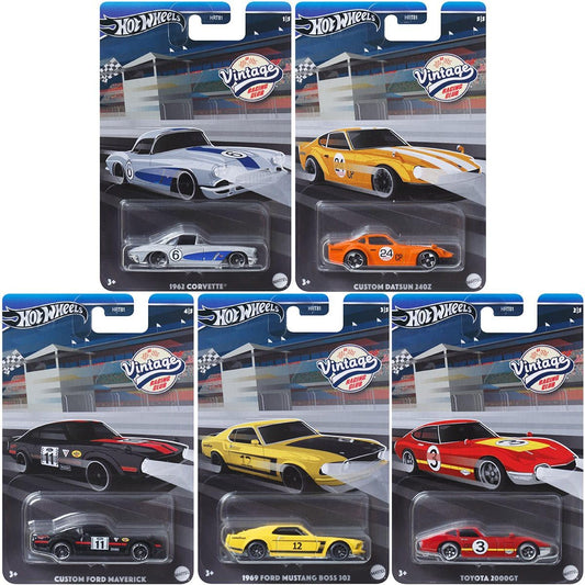 Hot Wheels 2024 Vintage Racing Club - Complete Bundle of 5 Die‑Cast Vehicles (HRT81‑956B) | 1962 Corvette, 1969 Mustang Boss 302, Toyota 2000GT…