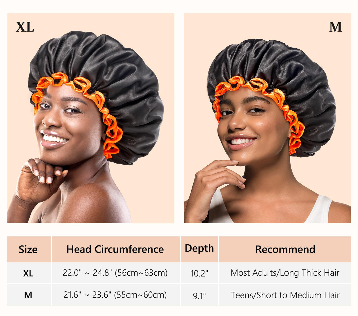 mikimini Black Shower Caps 2 Packs, Double Layers Waterproof Bathing Hair Cap with Reusable Soft Comfortable PEVA Lining, Cute, Non-fading & Stretchy