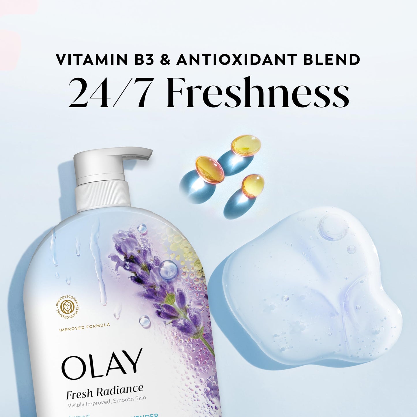 Olay Body Wash for Women, Fresh Radiance, 24/7 Skin-Loving Freshness, Visibly Radiant, Plant Based Cleansers, Vitamin B3 & Antioxidant Blend, For All
