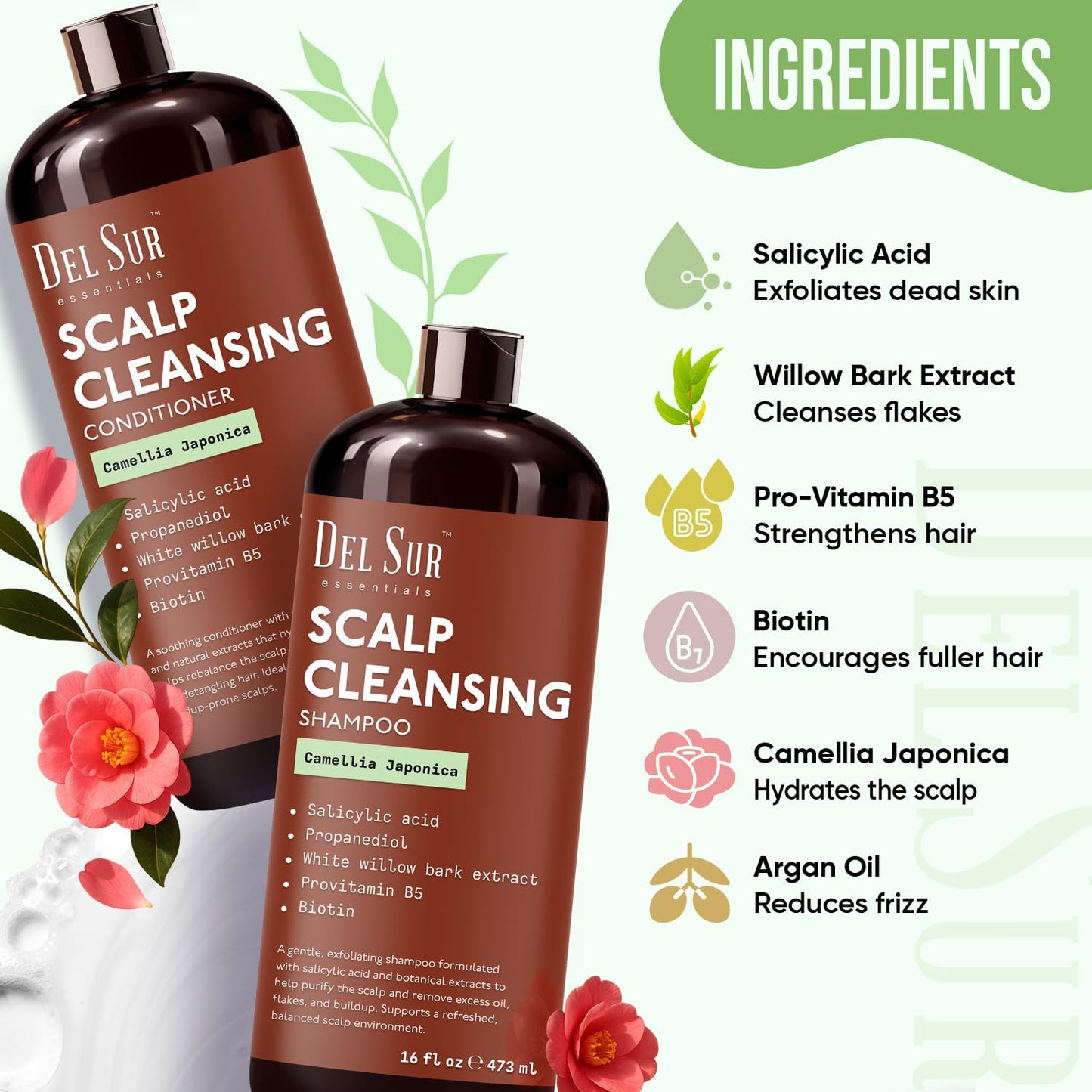 DEL SUR Scalp Cleansing Shampoo and Conditioner Set | 16 fl oz Each | with Camellia Japonica, Salicylic Acid & Willow Bark | Clarifying Oil Control