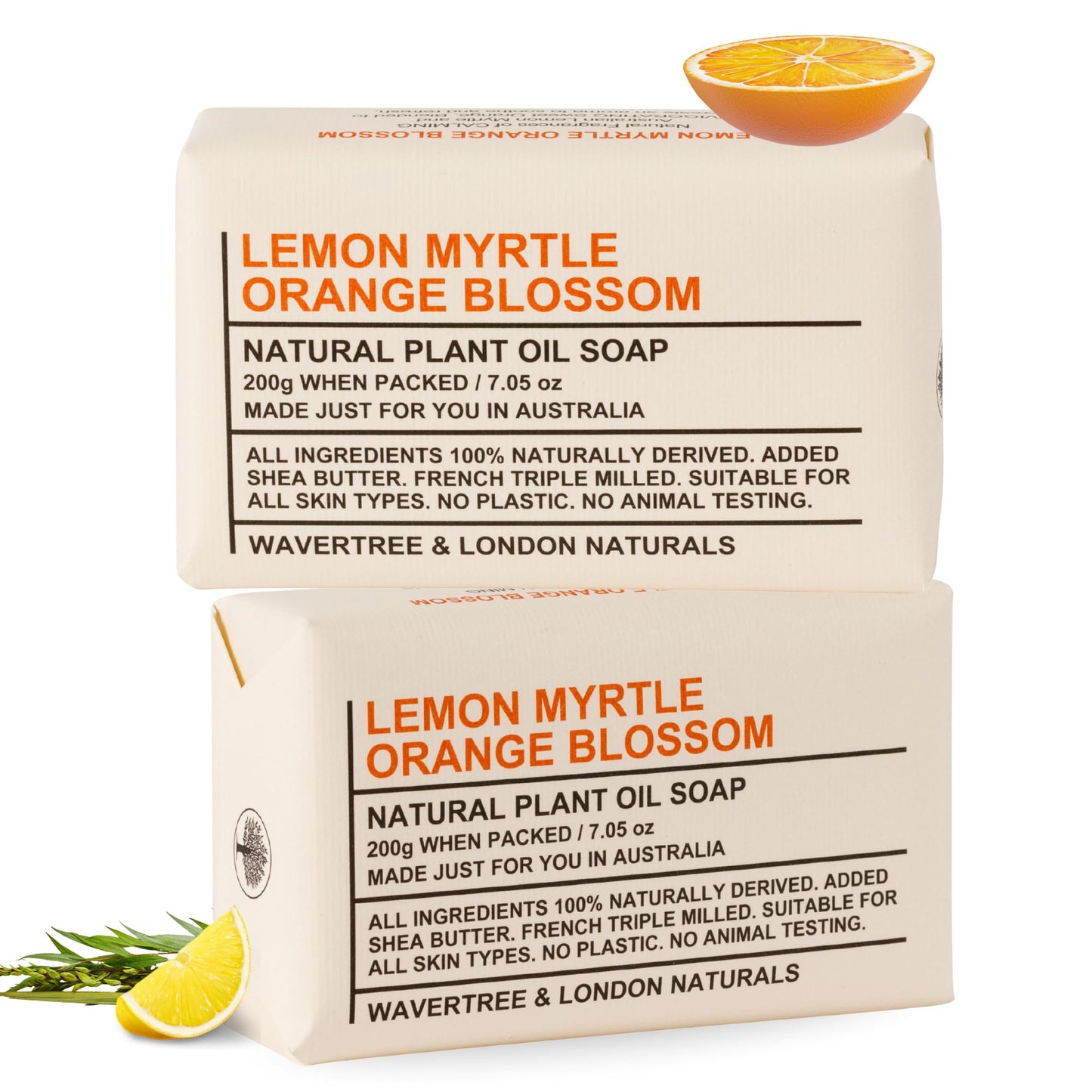 Wavertree & London Lemon Myrtle & Orange Blossom Scented Natural Soap Bars (2 Bars), 7oz Moisturizing French Triple Milled Soap enriched with shea