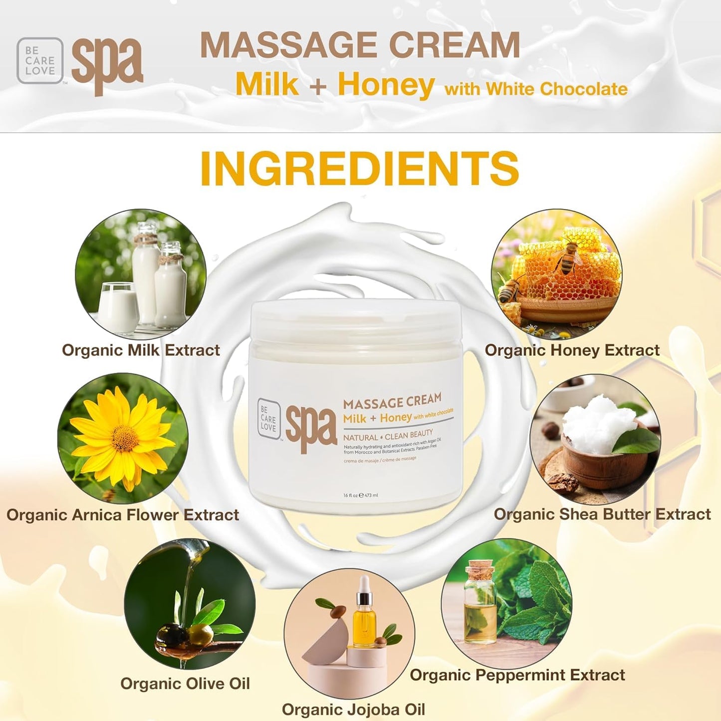 BCL SPA Massage Cream Organic Milk & Honey with White Chocolate Body Lotion, Shea Butter, Aloe Vera, Arnica, Peppermint, Kelp, Tea Tree, Olive, Argan