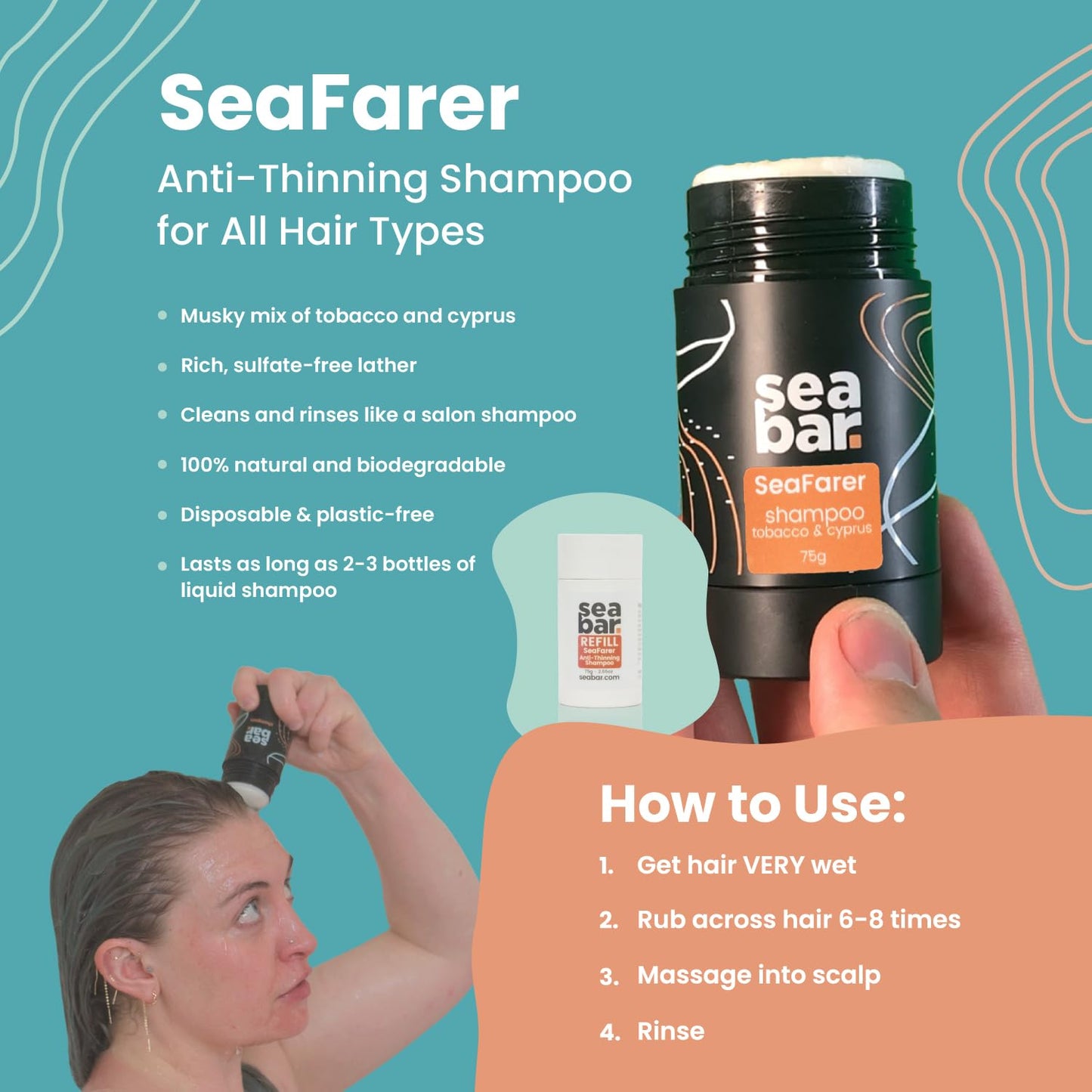 SeaBar Shampoo & Conditioner Bar Refill Set - All Natural Hair Shampoo - Vegan, Sulfate-Free, Eco Friendly Zero Waste Reusable Packaging with Travel