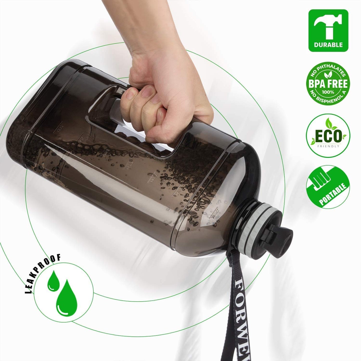 FORWEWAY Half Gallon Water Bottle with Handle 2.2L/74OZ Large Plastic Water Bottles BPA Free Water Bottles with Strap Portable with Time Marker…