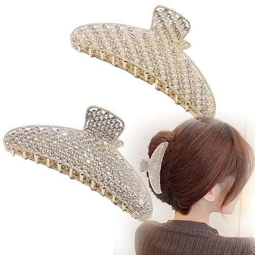 2 Pack Large Rhinestone Hair Clips, Crystal Pearl Hair Claw Clips, Black Gold Jumbo Jaw Clip, Nonslip Hair Claw for Thick Long Hair, Fashion Hair
