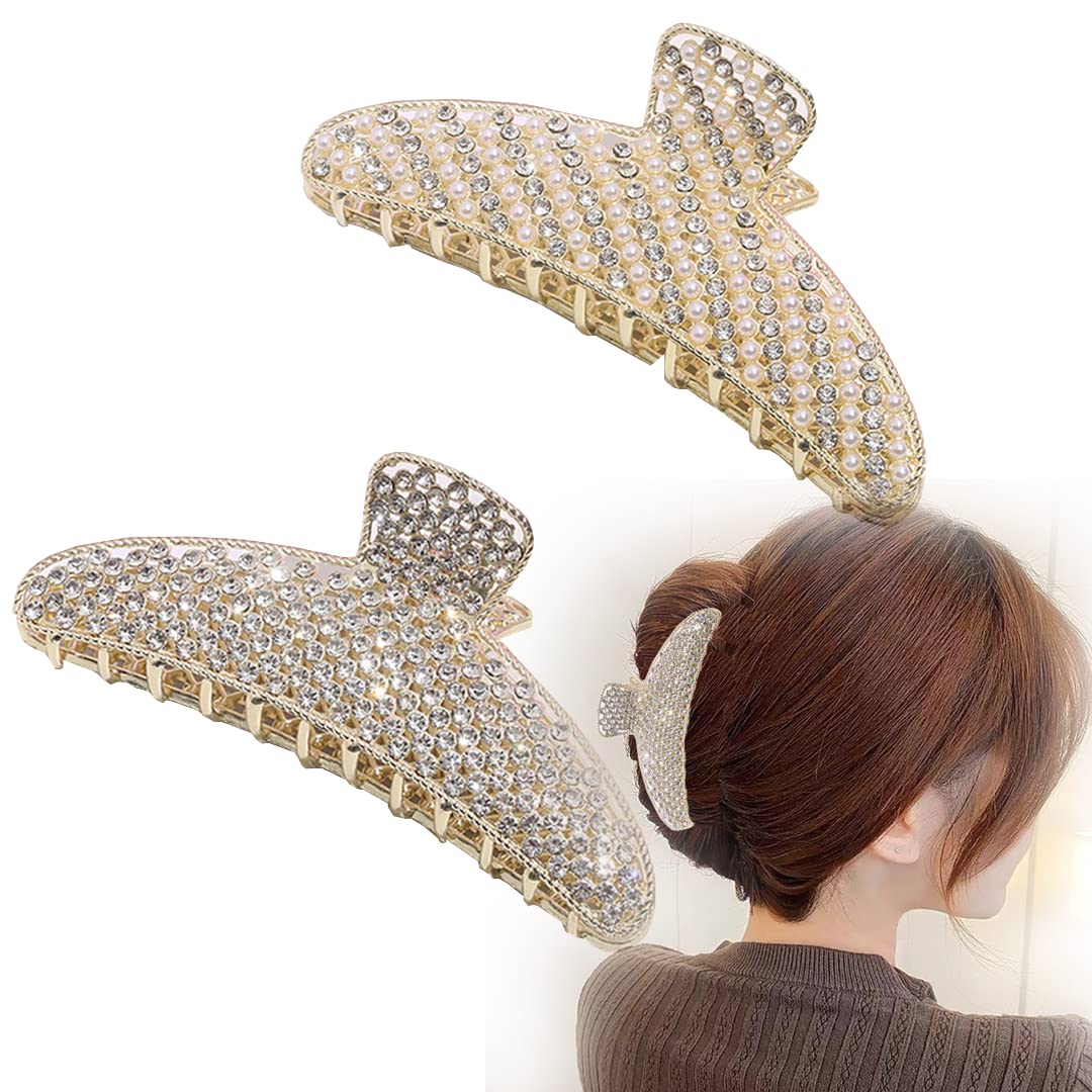 2 Pack Large Rhinestone Hair Clips, Crystal Pearl Hair Claw Clips, Black Gold Jumbo Jaw Clip, Nonslip Hair Claw for Thick Long Hair, Fashion Hair