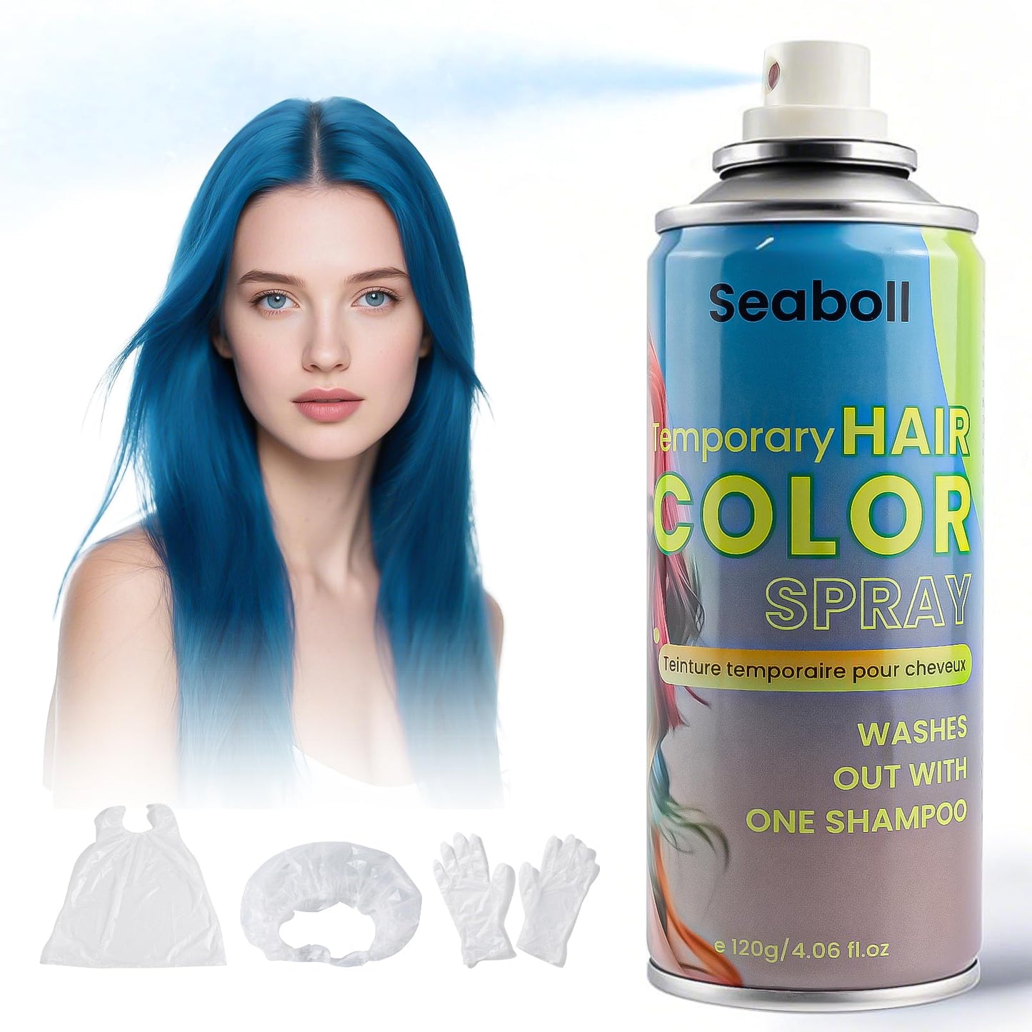 Blue Hair Spray, Seaboll Temporary Hair Color Spray for Kids Women Men-4.06 oz- Safe Non Sticky Washable One Day Hair Dye Spray,Disposable Accessories
