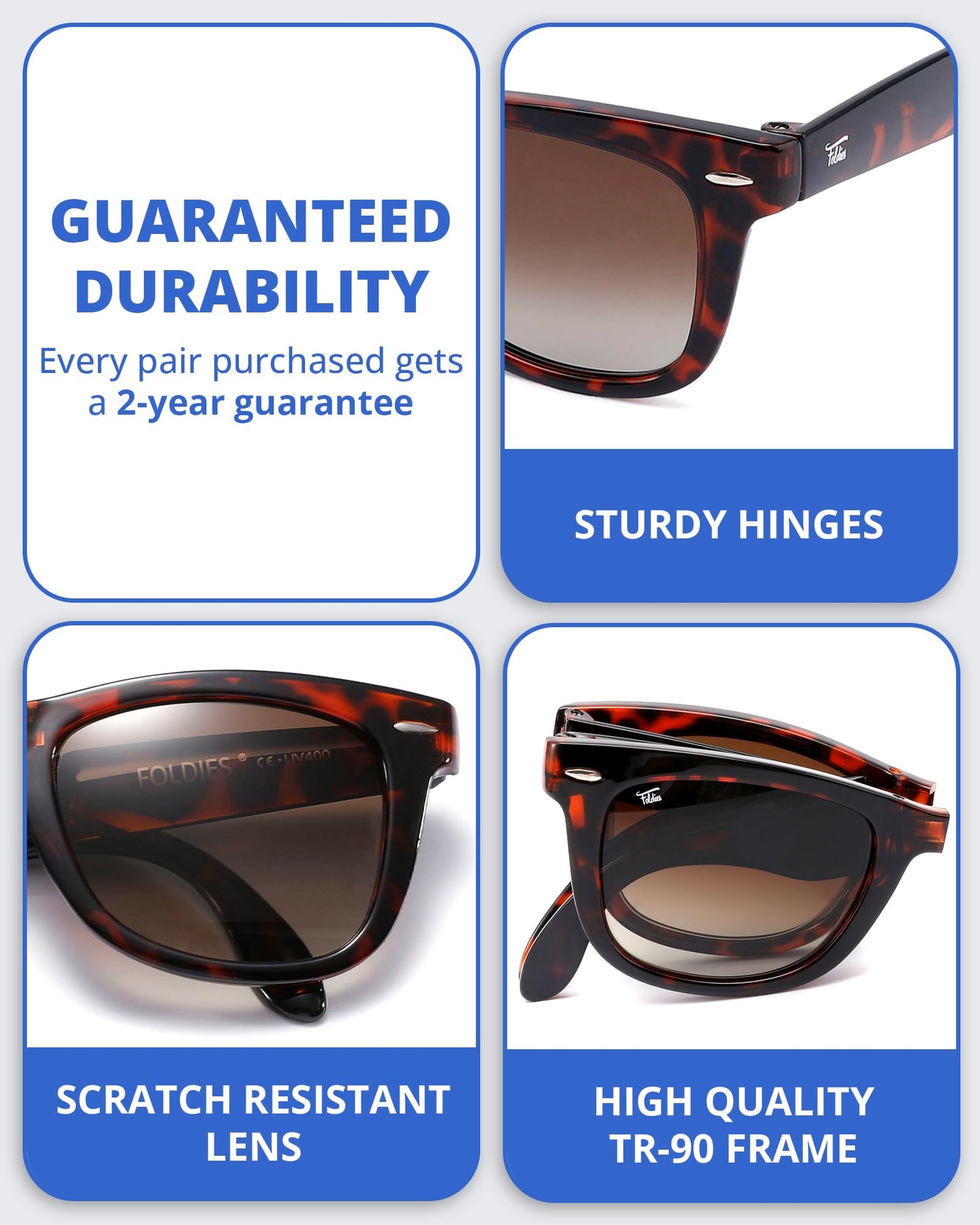 Foldies Classic Folding Sunglasses Polarized, UV400, UVA, UVB Protection for Men Women, Folding Sunglasses Leather Case